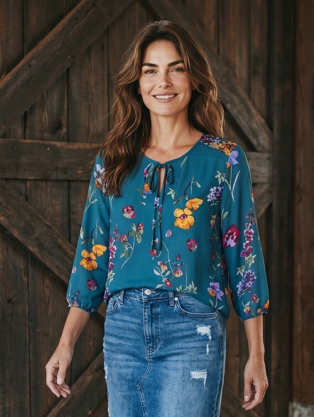 Anthropologie Teal Blue Floral Pheasant Top